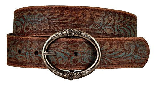 Distress Embossed Brown and Teal Leather Belt with Rhinestone Ring Buckle