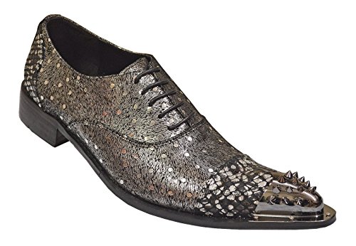 Fiesso Men’s Genuine Leather Metallic Polka Dot Design Italian Design Italy Oxford Shoes FI6883, Silver, 10