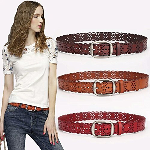 WHIPPY Genuine Leather Belt for Women Western Belt with Flower Hollow Out Strap