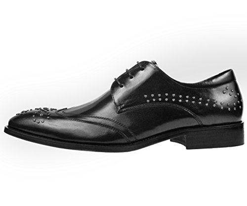 Asher Green Mens Classic Black Genuine Leather Wingtip Oxford Dress Shoe with Stud Detailing: AG987-000