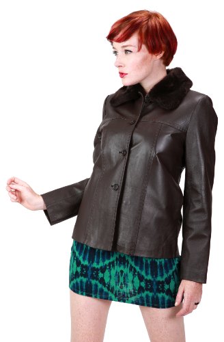Womens Classic Fur Collar Genuine Leather Jacket