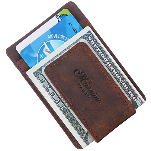 Win&Income Money Clip Genuine Leather Money Clip Wallet Credit Card Holder, Brown