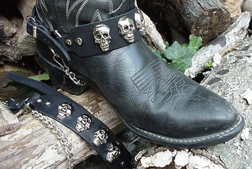 Biker Boots Boot Chains Black Topgrain Cowhide Leather with Cast Skulls