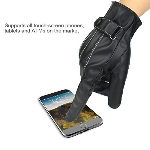 Men Winter Touchscreen Texting PU Leather Gloves with Wool Lining Black