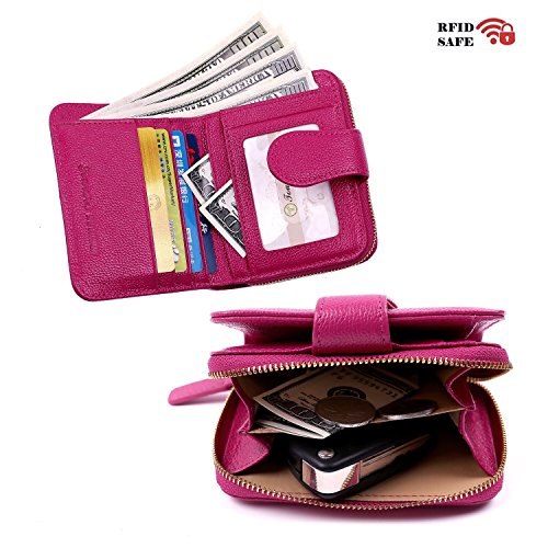 Women RFID Blocking Secure Wallet Genuine Leather Zipper Pocket for Coins or Keys