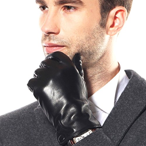 Bestselling Men’s Touchscreen Texting Winter Warm Driving Leather Gloves Leather Button (Cashmere Lining)