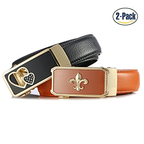 Set of 2 Women’s Sliding Skin Buckle Belts Design with Automatic Ratchet Leather Belt For ANDY GRADE