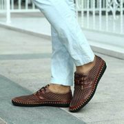 Fansela(TM) Men’s Genuine Leather Handmade Summer Breathable Mesh Sweing Shoes Size 8.5 (Brown)