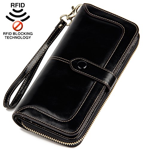 Anvesino Women’s RFID Blocking Real Leather Wallet Ladies Zipper Wristlet Clutch