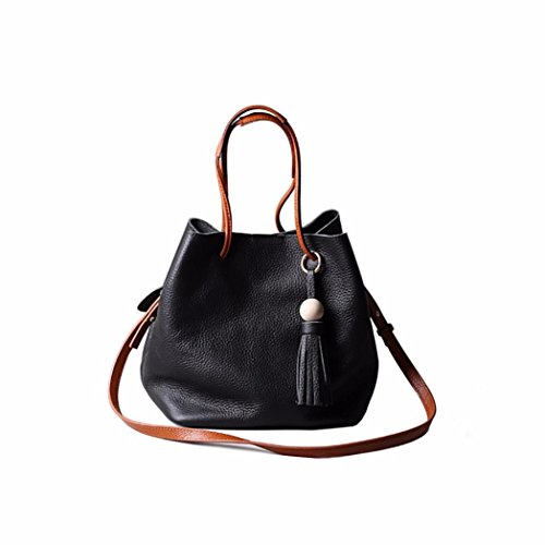 Naladoo Womens New Fringed Cowhide Handbag Sling Drawstring Vintage Personalized One Shoulder Bag Bucket Bag
