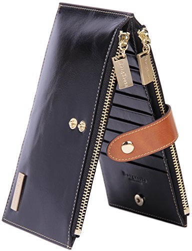 Borgasets RFID Blocking Women’s Genuine Leather Zipper Wallet Card Case Purse
