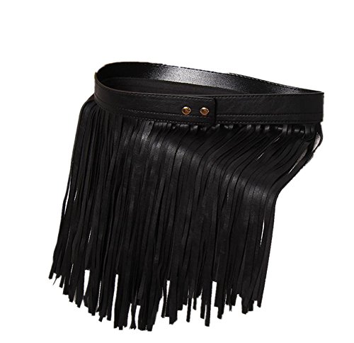 Krralinlin Women’s Adjustable Black Faux Leather Waistband Fringe Skirt Belt