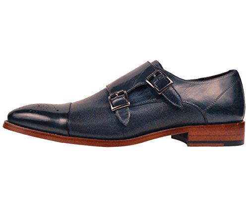 Asher Green Mens Navy Blue Genuine Leather Perforated Cap Toe Double Monkstrap Dress Shoe : AG1101-002