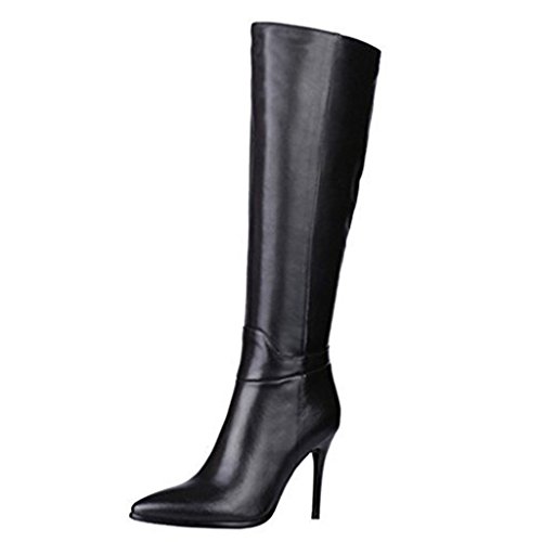 VOCOSI Knee High Side Zip Genuine Leather Pointed Toe Stiletto Boots for Women