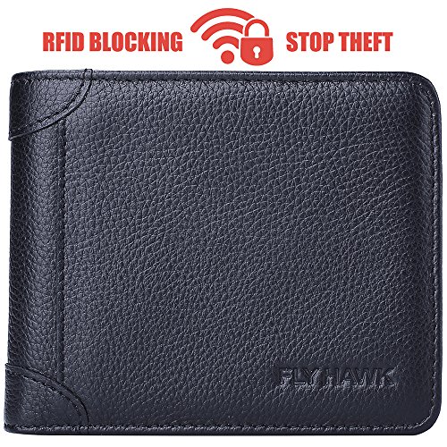 FlyHawk.Inc Best Genuine RFID Blocking Leather Wallets Trifold Black Purse ID Wallet Card Holder With Loose Leaf For Men